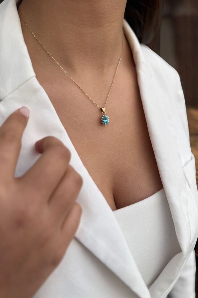 14 Ayar Kristal Aquamarin Rengi Taşlı Altın Kolye