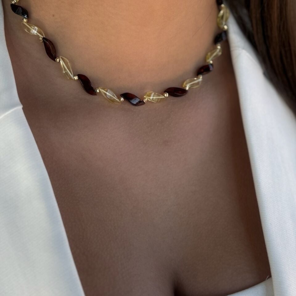 14 AYAR KEHRİBAR VE ALTIN TOPLU TASARIM KOLYE