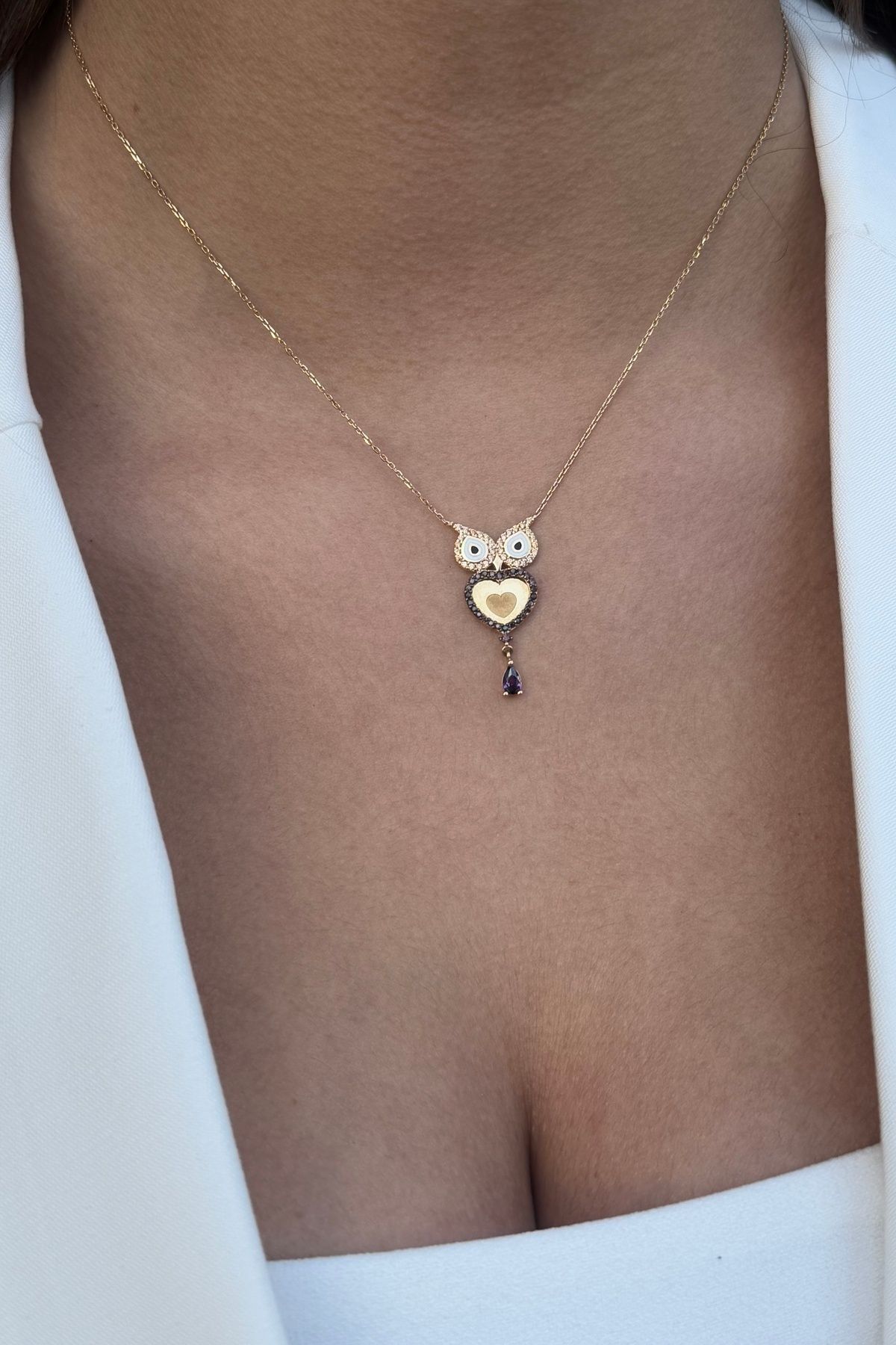 14 AYAR AMETİST TAŞLI BAYKUŞ ALTIN KOLYE