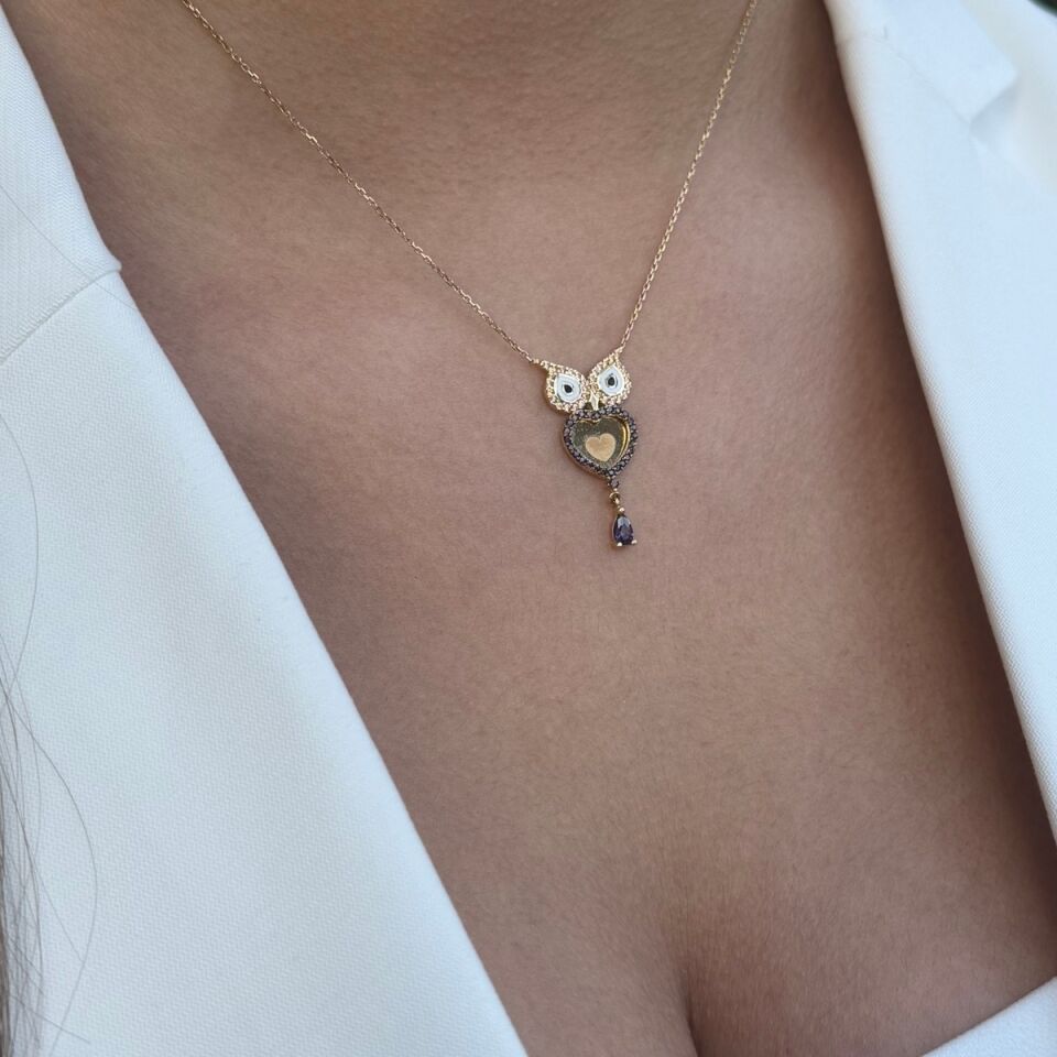 14 AYAR AMETİST TAŞLI BAYKUŞ ALTIN KOLYE