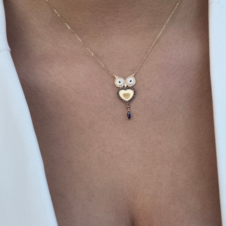 14 AYAR AMETİST TAŞLI BAYKUŞ ALTIN KOLYE