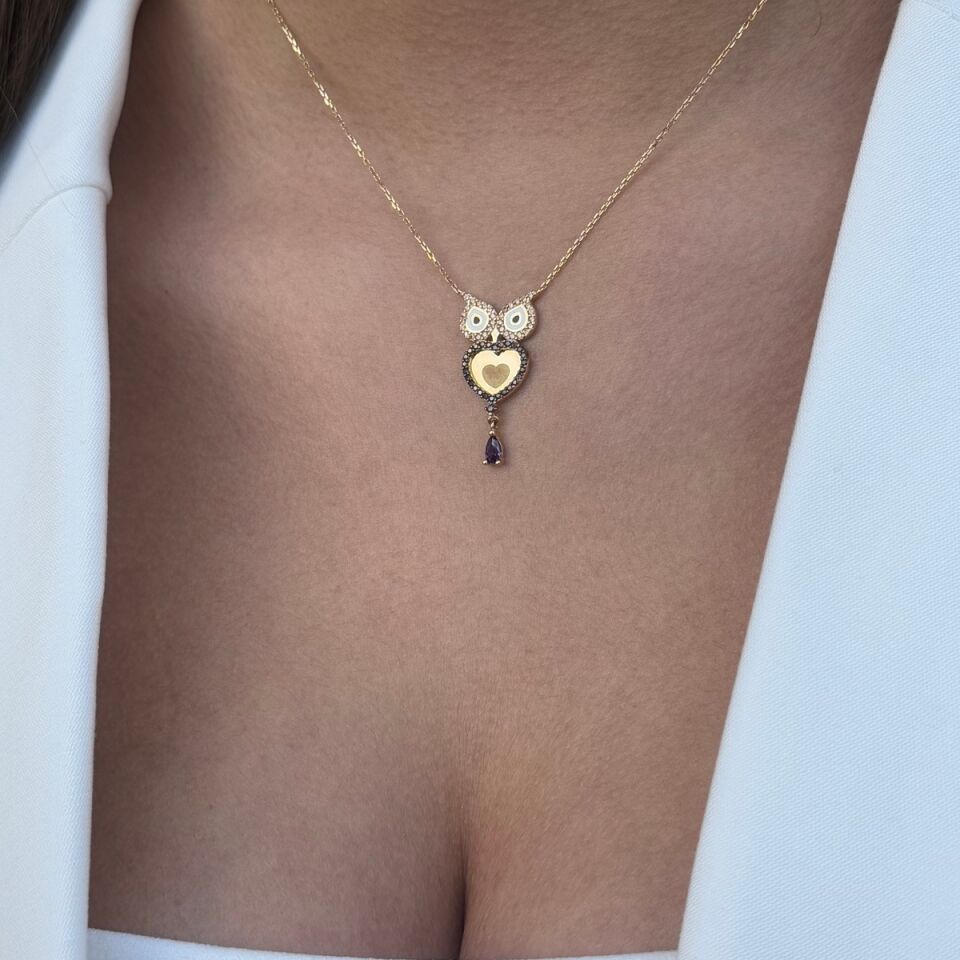 14 AYAR AMETİST TAŞLI BAYKUŞ ALTIN KOLYE