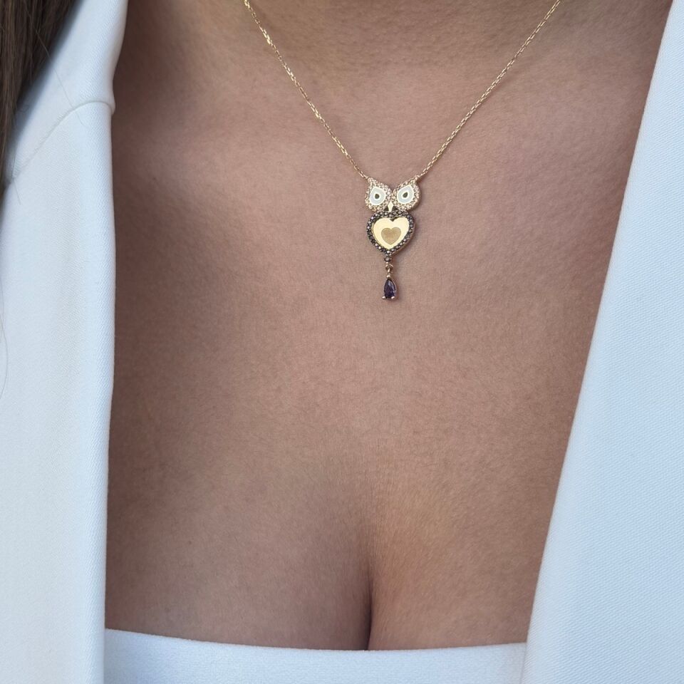 14 AYAR AMETİST TAŞLI BAYKUŞ ALTIN KOLYE