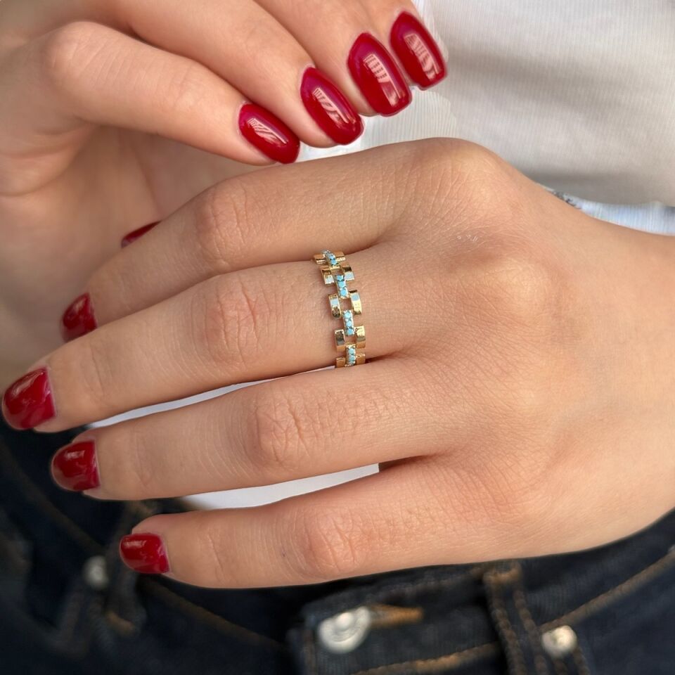 14 AYAR FİRUZE TAŞLI KEMER MODELİ ALTIN YÜZÜK