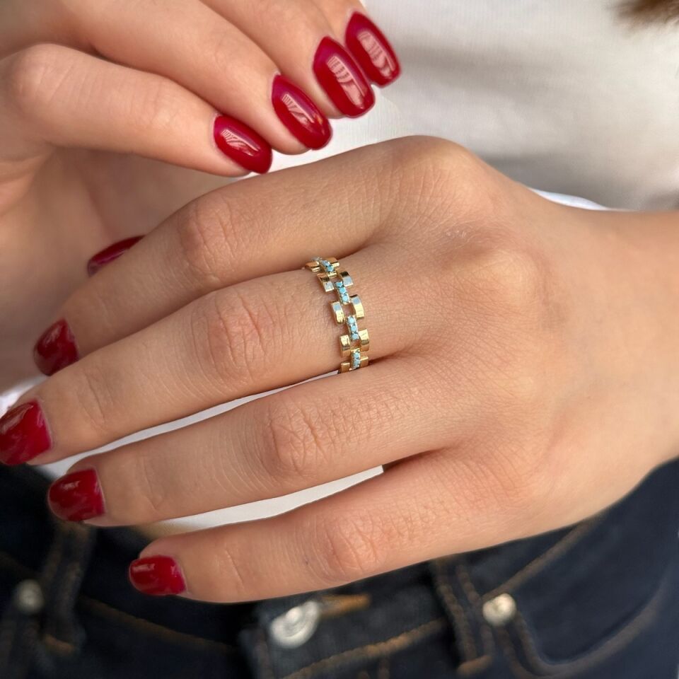 14 AYAR FİRUZE TAŞLI KEMER MODELİ ALTIN YÜZÜK