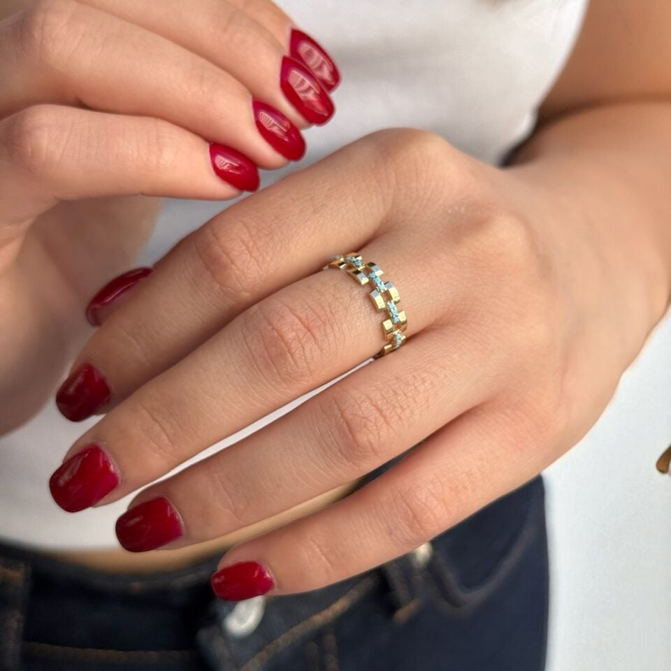 14 AYAR FİRUZE TAŞLI KEMER MODELİ ALTIN YÜZÜK