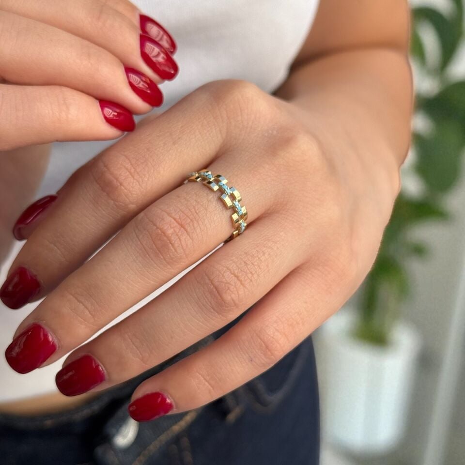 14 AYAR FİRUZE TAŞLI KEMER MODELİ ALTIN YÜZÜK