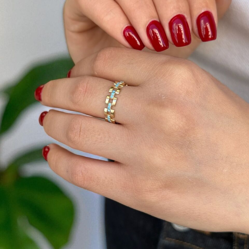 14 AYAR FİRUZE TAŞLI KEMER MODELİ ALTIN YÜZÜK