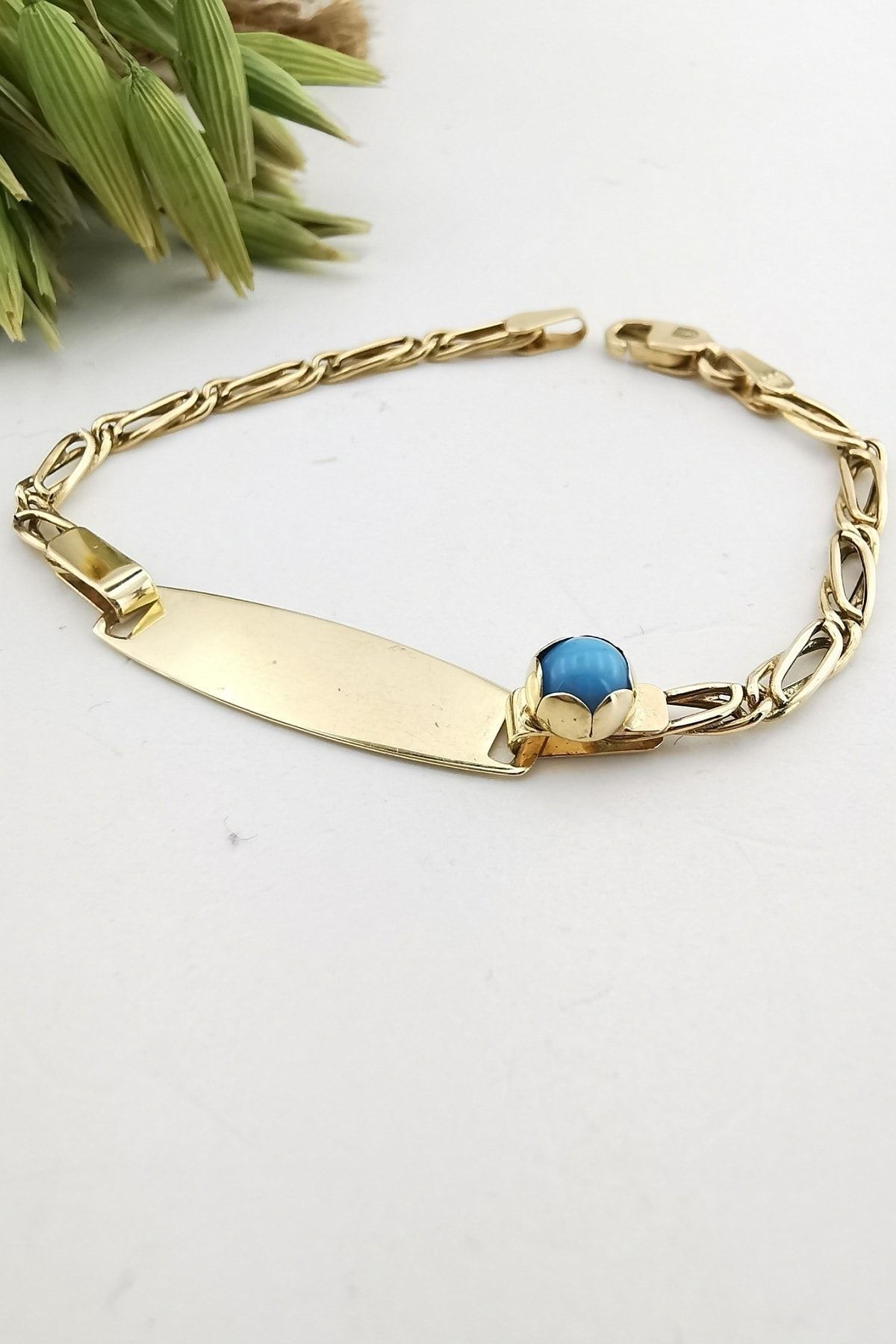 14 Ayar Firuze Taşlı Künye Modeli Altın Bileklik