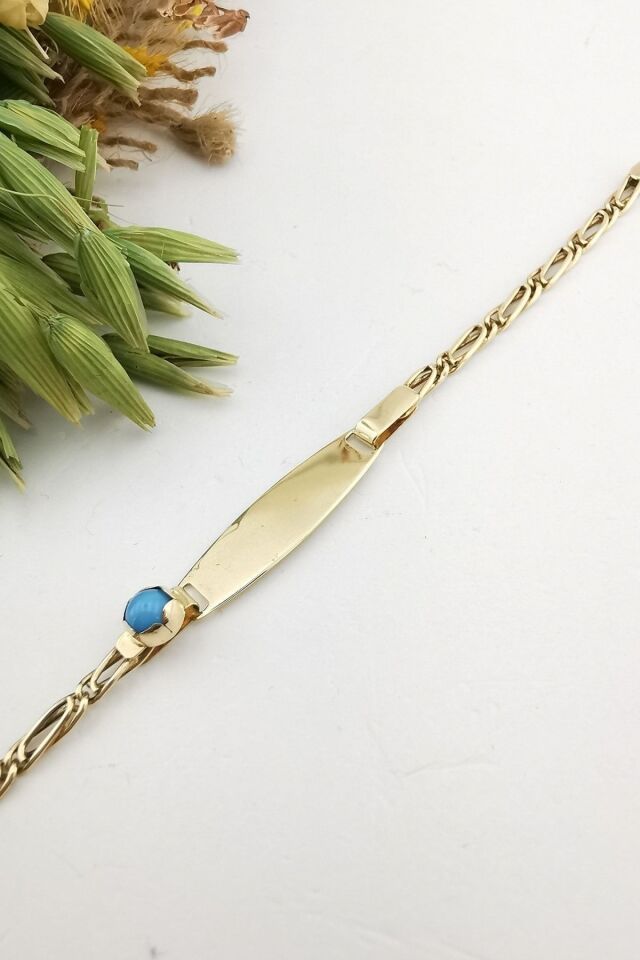 14 Ayar Firuze Taşlı Künye Modeli Altın Bileklik