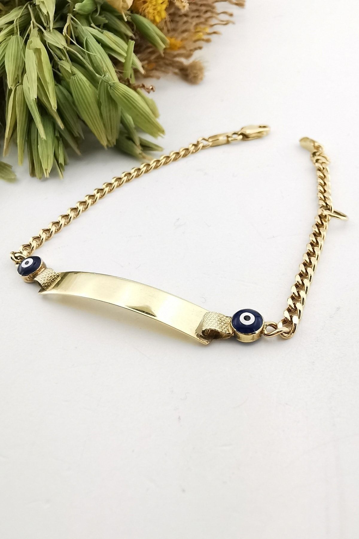 14 Ayar Lacivert Nazar Mineli Künye Altın Bileklik