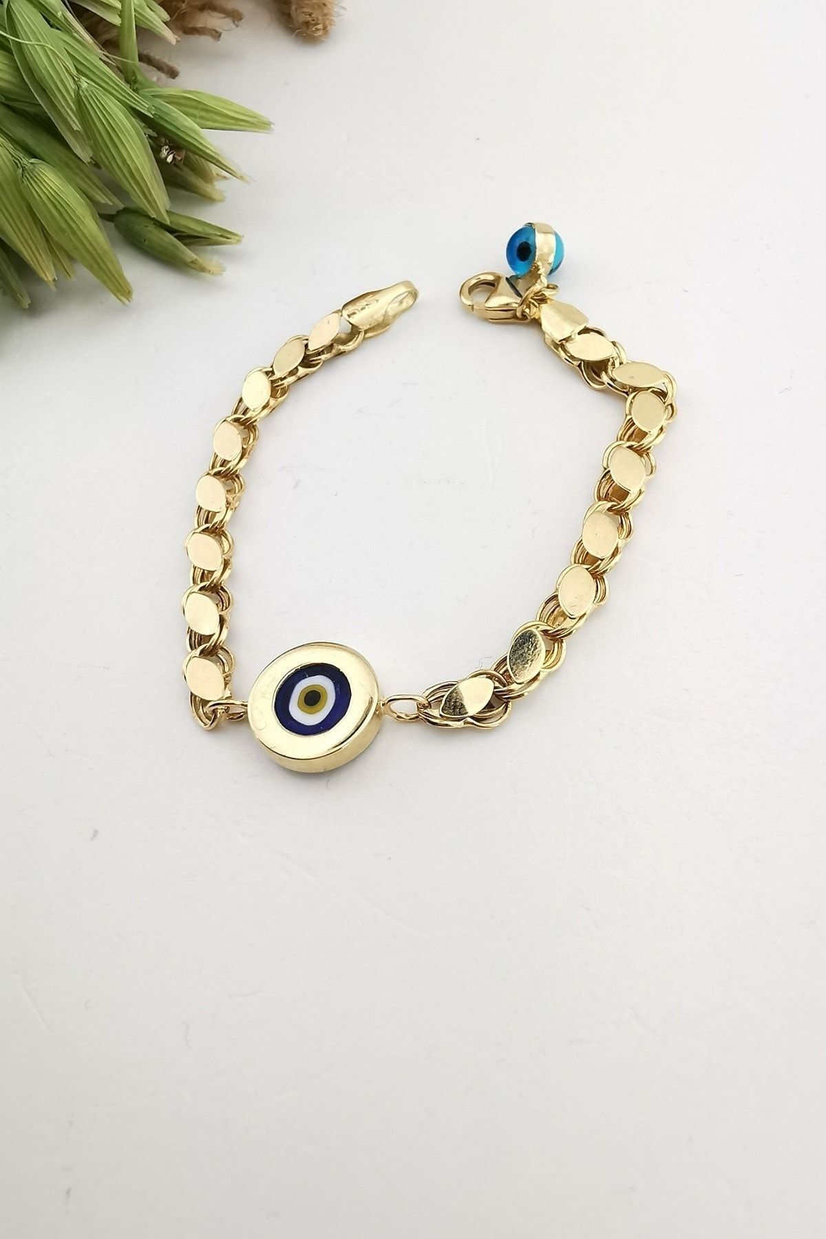 14 Ayar Pullu Zincirli El Yapımı Nazar Boncuklu Altın Bileklik