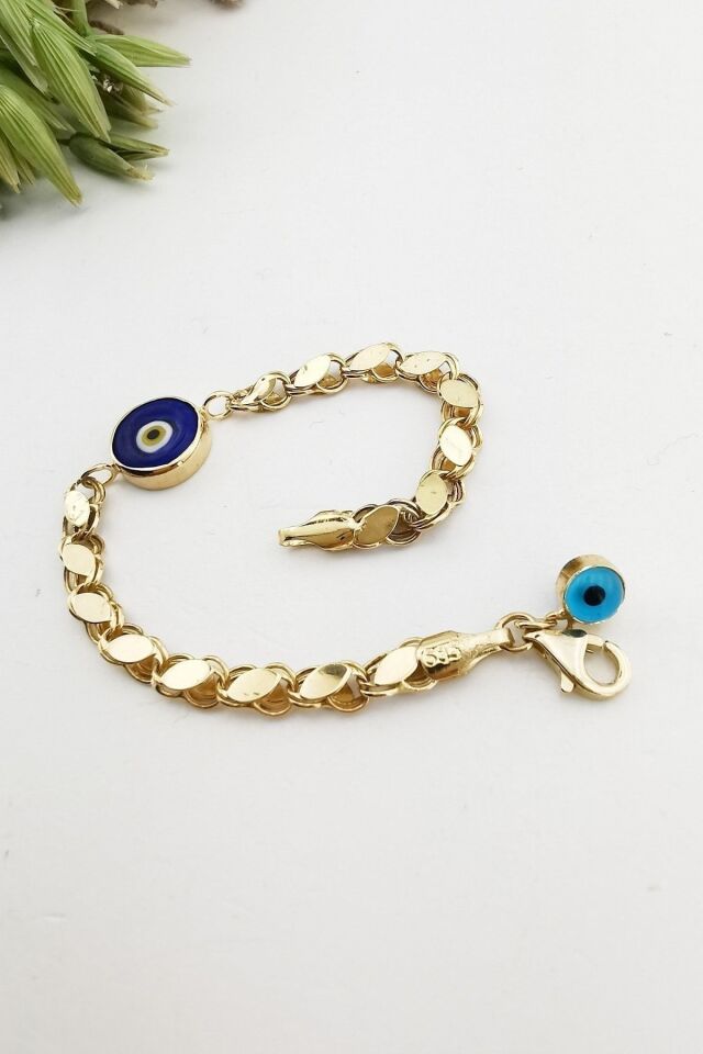 14 Ayar Pullu Zincirli El Yapımı Nazar Boncuklu Altın Bileklik