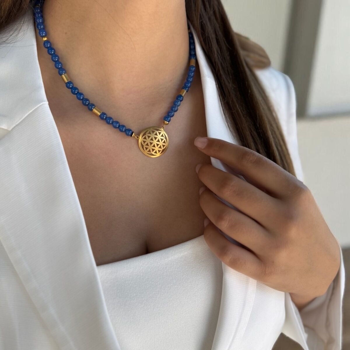 14 AYAR MAVİ AGAT TAŞLI EL İŞİ YAŞAMÇİÇEĞİ TASARIM KOLYE