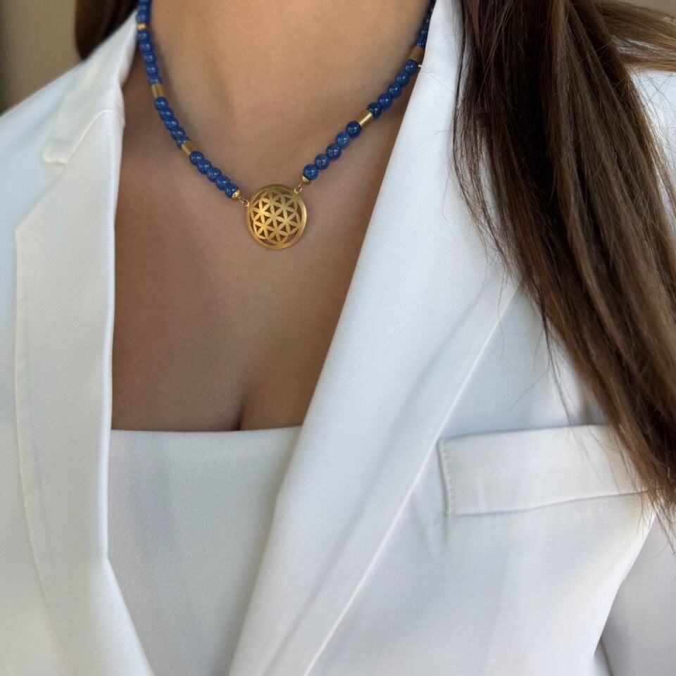 14 AYAR MAVİ AGAT TAŞLI EL İŞİ YAŞAMÇİÇEĞİ TASARIM KOLYE