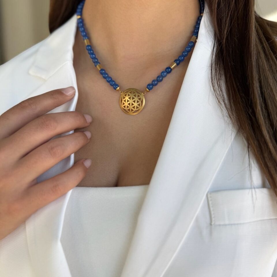 14 AYAR MAVİ AGAT TAŞLI EL İŞİ YAŞAMÇİÇEĞİ TASARIM KOLYE