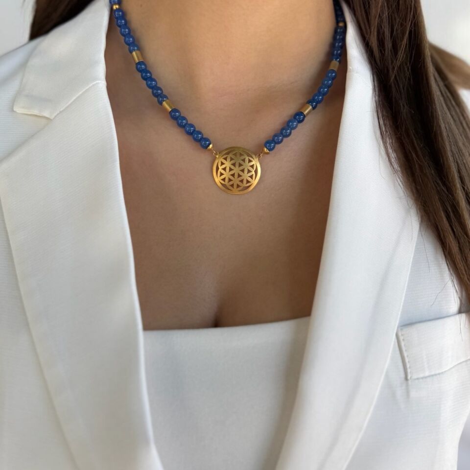 14 AYAR MAVİ AGAT TAŞLI EL İŞİ YAŞAMÇİÇEĞİ TASARIM KOLYE