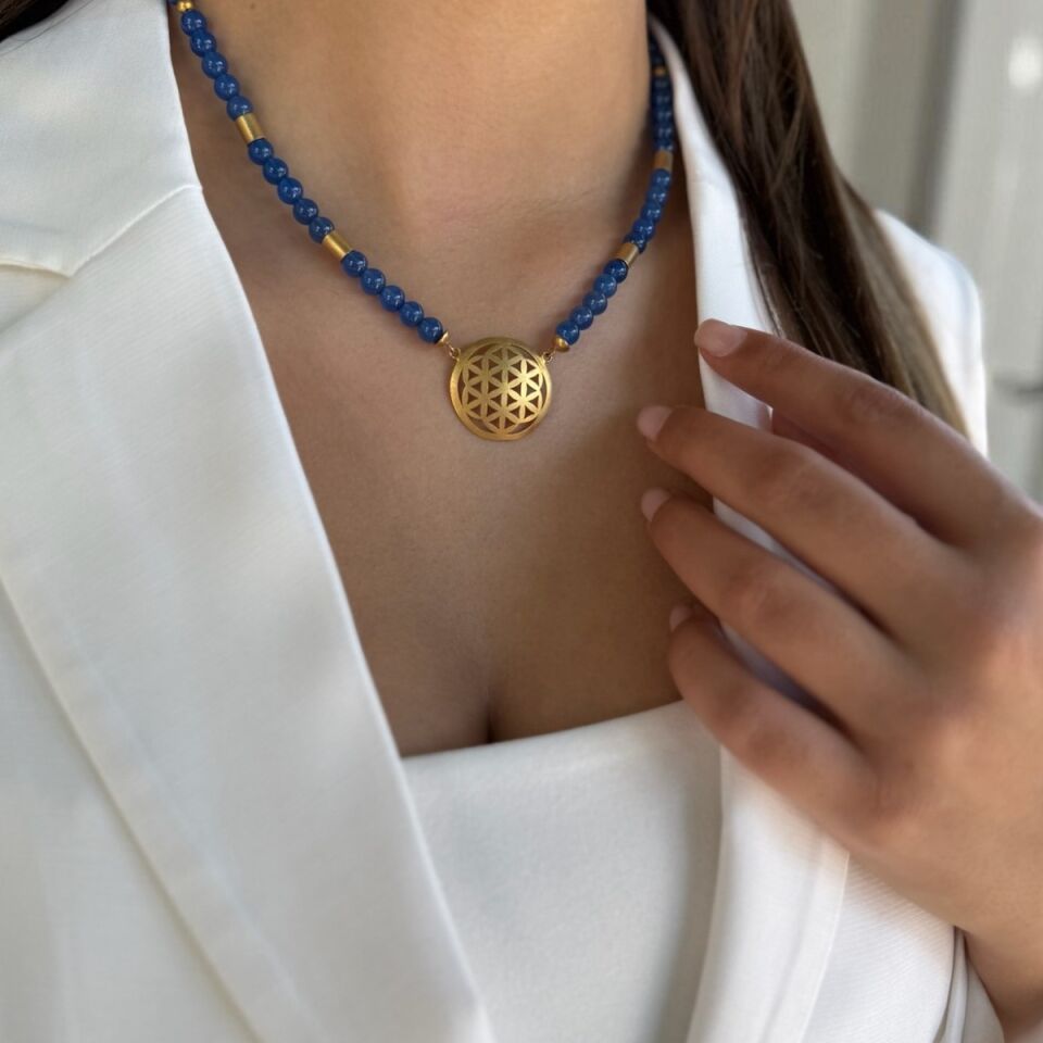 14 AYAR MAVİ AGAT TAŞLI EL İŞİ YAŞAMÇİÇEĞİ TASARIM KOLYE