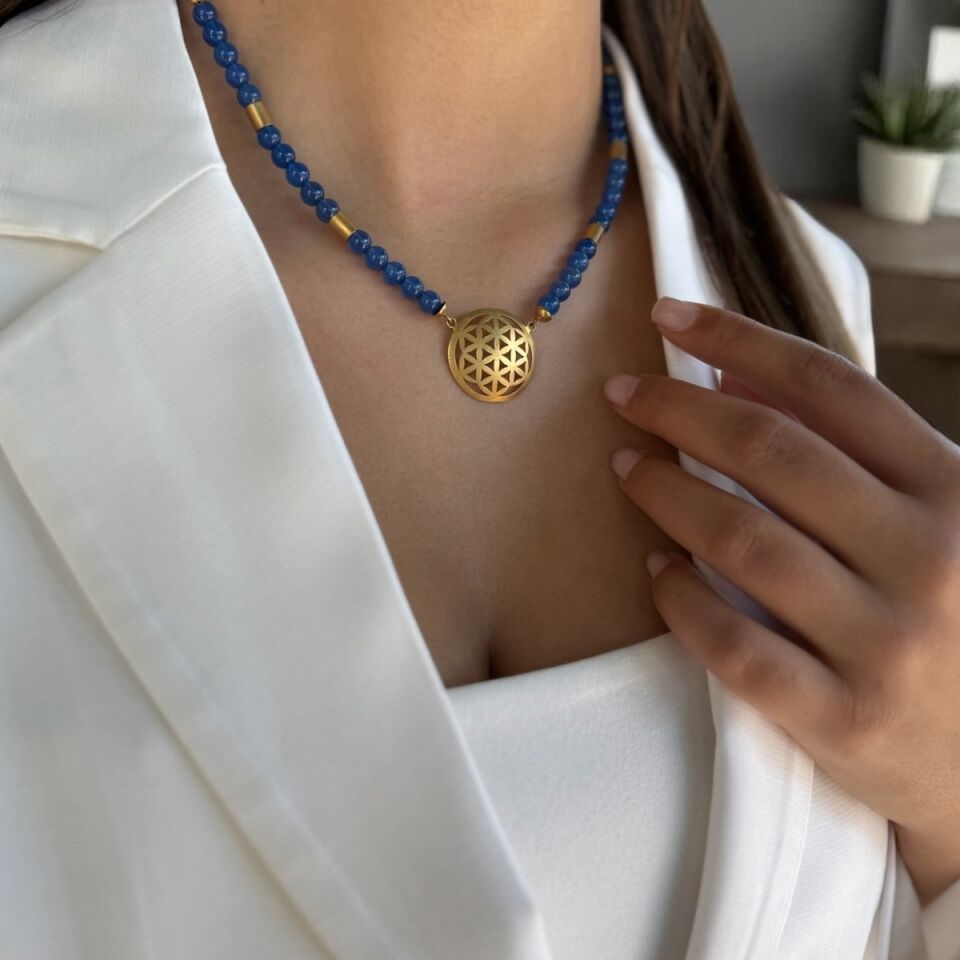 14 AYAR MAVİ AGAT TAŞLI EL İŞİ YAŞAMÇİÇEĞİ TASARIM KOLYE