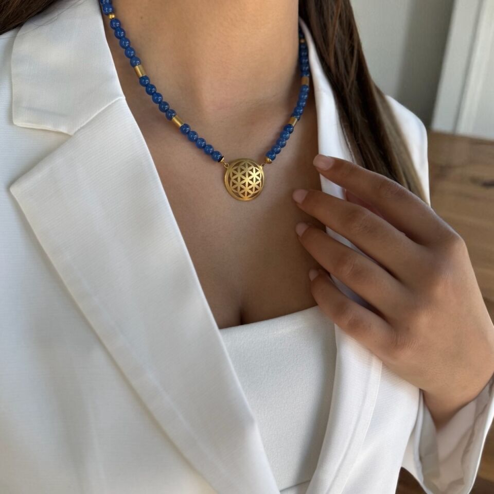 14 AYAR MAVİ AGAT TAŞLI EL İŞİ YAŞAMÇİÇEĞİ TASARIM KOLYE