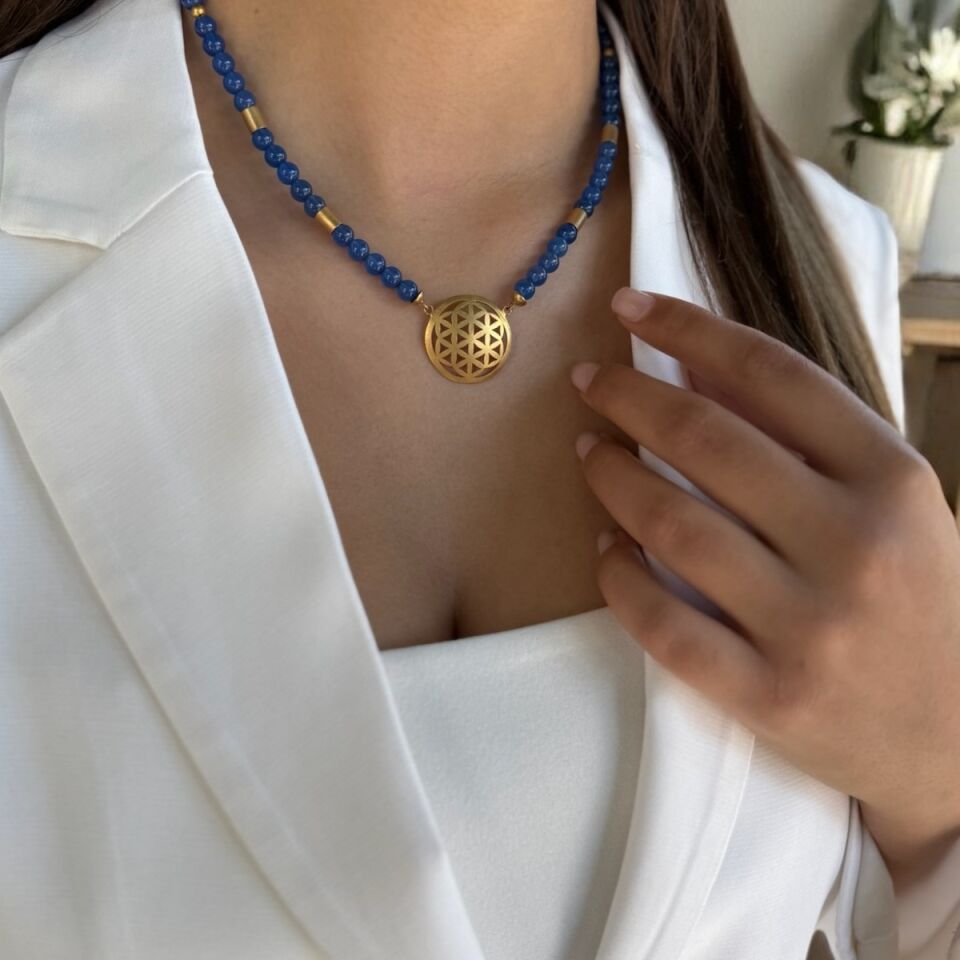 14 AYAR MAVİ AGAT TAŞLI EL İŞİ YAŞAMÇİÇEĞİ TASARIM KOLYE