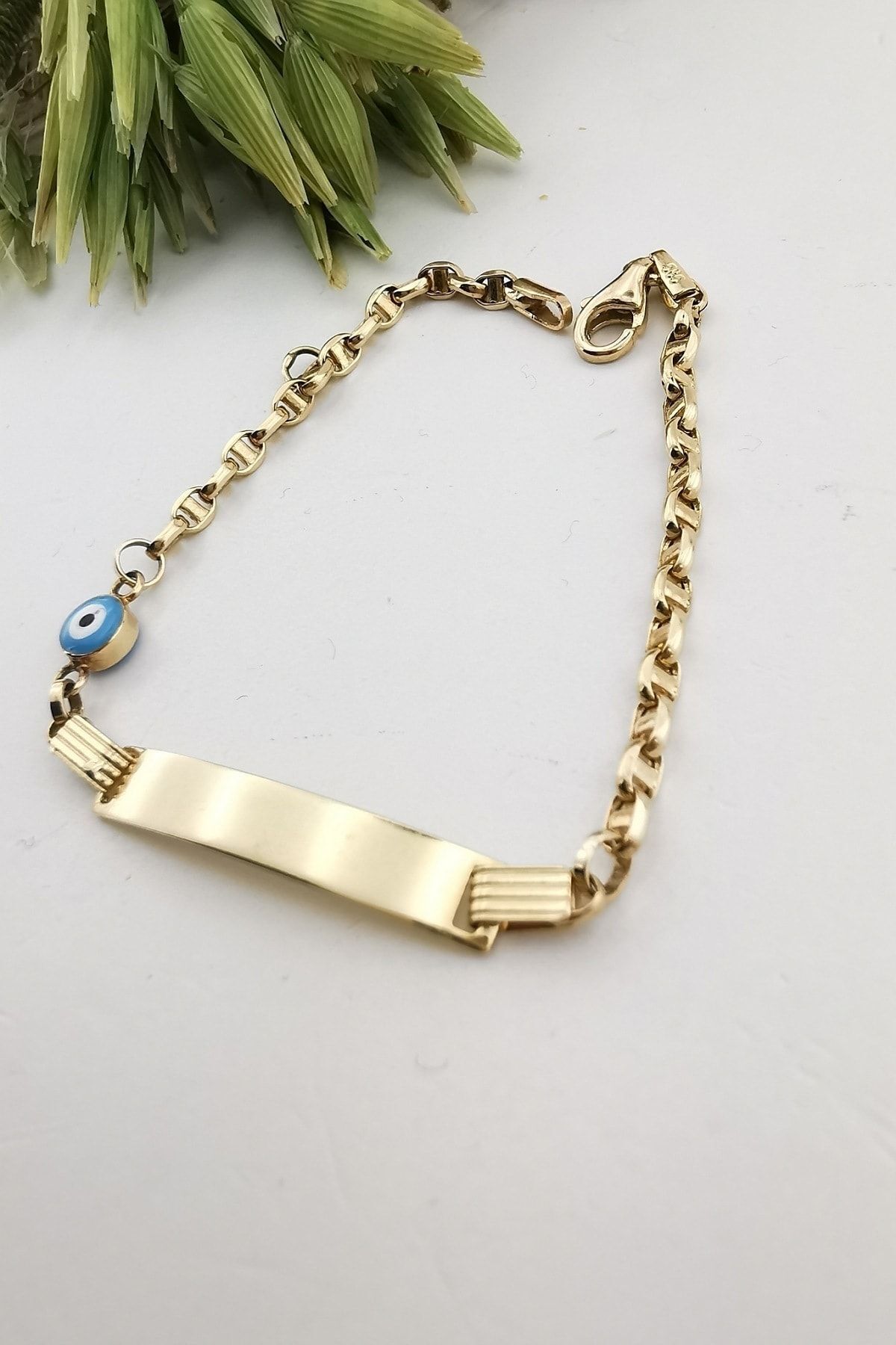 14 Ayar Mavi Mineli Tasarım Zincirli Altın Bileklik