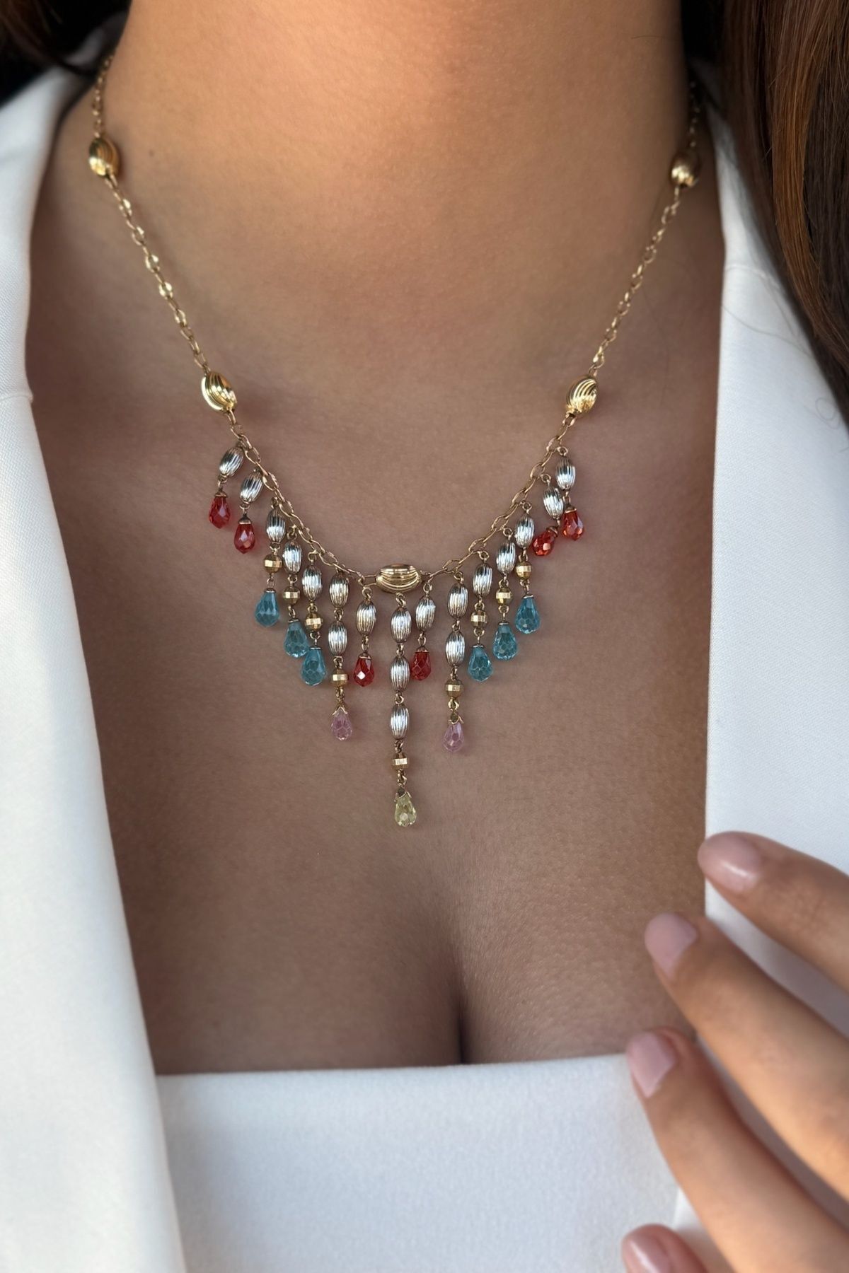 14 AYAR RENKLİ KRİSTAL TAŞLI ÖZEL TASARIM ALTIN KOLYE