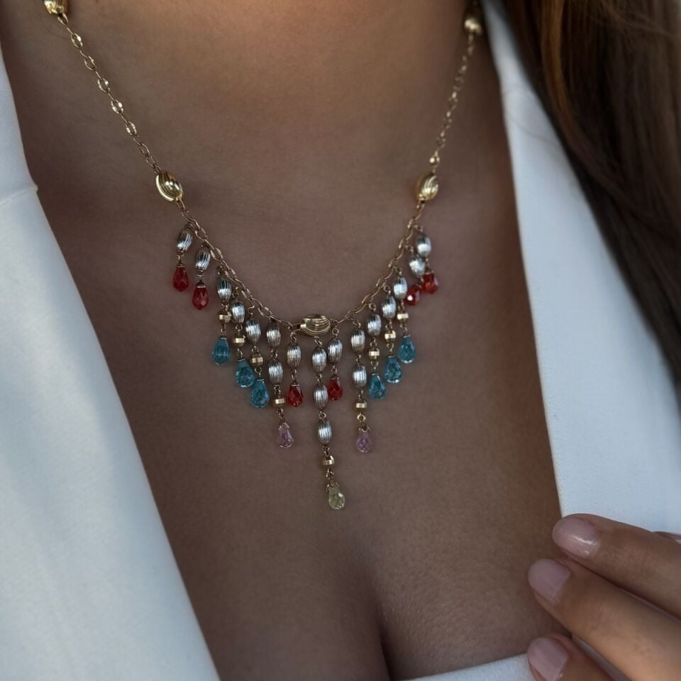 14 AYAR RENKLİ KRİSTAL TAŞLI ÖZEL TASARIM ALTIN KOLYE