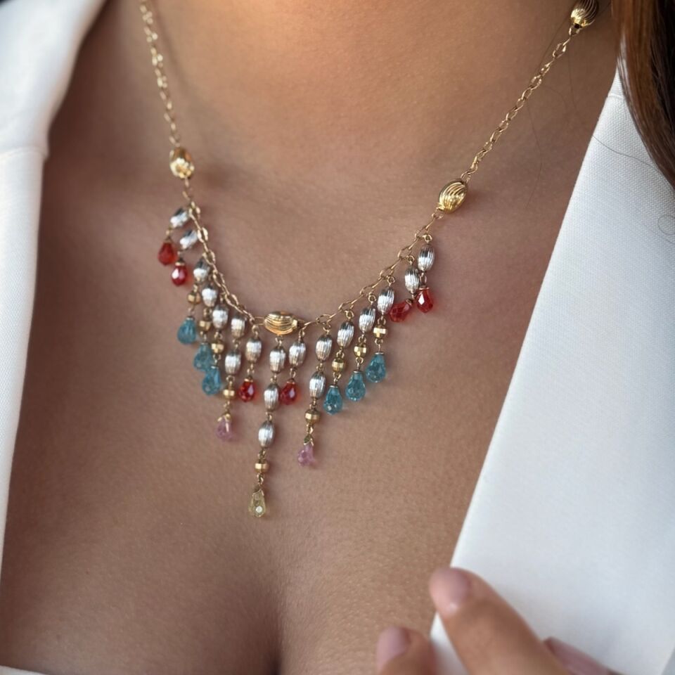 14 AYAR RENKLİ KRİSTAL TAŞLI ÖZEL TASARIM ALTIN KOLYE