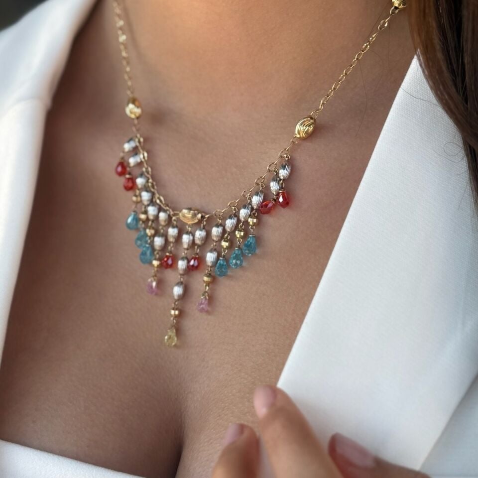 14 AYAR RENKLİ KRİSTAL TAŞLI ÖZEL TASARIM ALTIN KOLYE