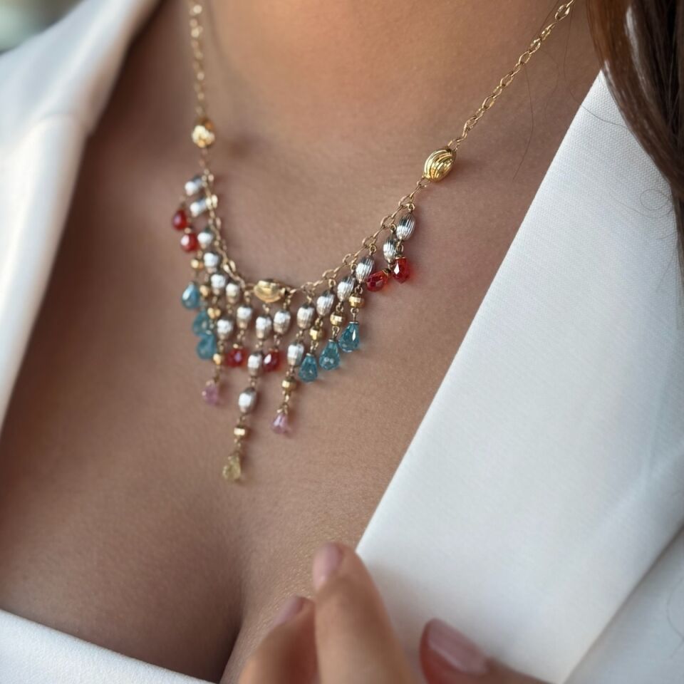 14 AYAR RENKLİ KRİSTAL TAŞLI ÖZEL TASARIM ALTIN KOLYE