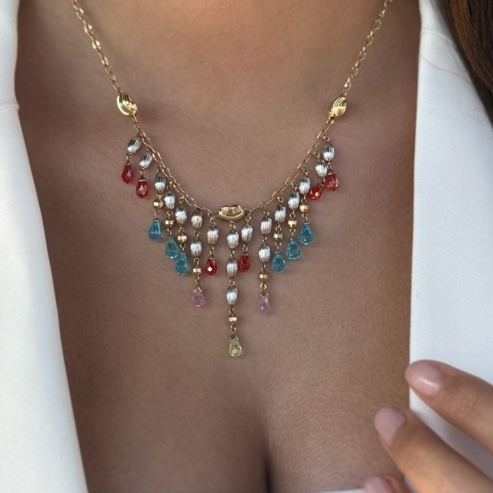 14 AYAR RENKLİ KRİSTAL TAŞLI ÖZEL TASARIM ALTIN KOLYE