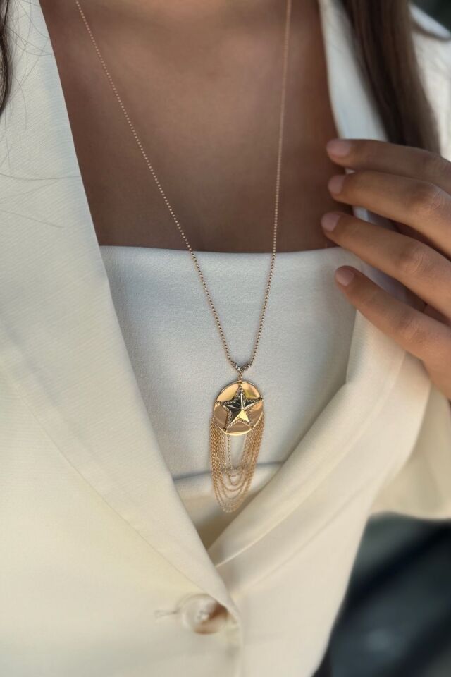 14 AYAR ROSE RENGİ ÖZEL TASARIM YILDIZ MODELİ PIRLANTA TAŞLI ALTIN KOLYE