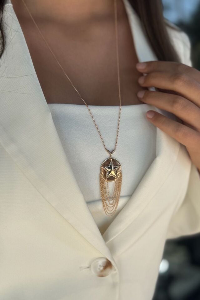14 AYAR ROSE RENGİ ÖZEL TASARIM YILDIZ MODELİ PIRLANTA TAŞLI ALTIN KOLYE