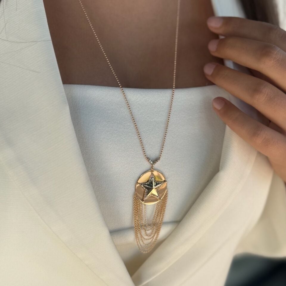 14 AYAR ROSE RENGİ ÖZEL TASARIM YILDIZ MODELİ PIRLANTA TAŞLI ALTIN KOLYE