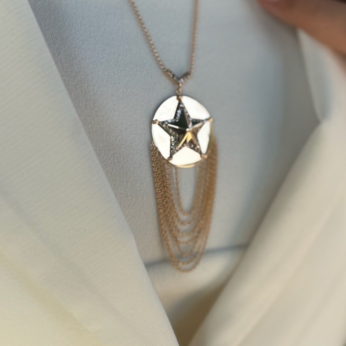 14 AYAR ROSE RENGİ ÖZEL TASARIM YILDIZ MODELİ PIRLANTA TAŞLI ALTIN KOLYE