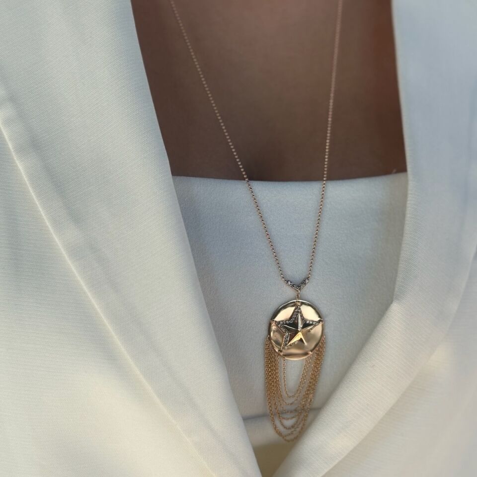 14 AYAR ROSE RENGİ ÖZEL TASARIM YILDIZ MODELİ PIRLANTA TAŞLI ALTIN KOLYE