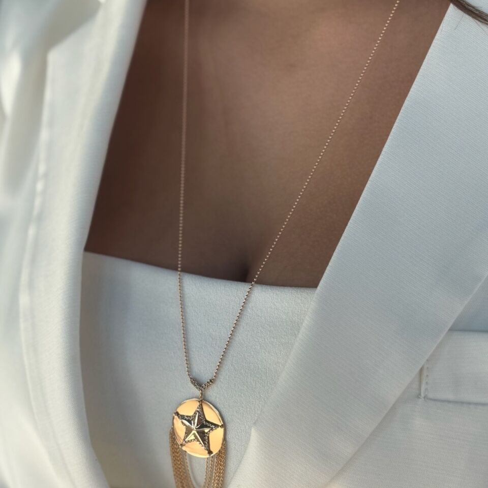 14 AYAR ROSE RENGİ ÖZEL TASARIM YILDIZ MODELİ PIRLANTA TAŞLI ALTIN KOLYE