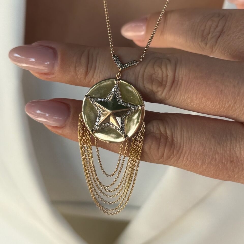 14 AYAR ROSE RENGİ ÖZEL TASARIM YILDIZ MODELİ PIRLANTA TAŞLI ALTIN KOLYE