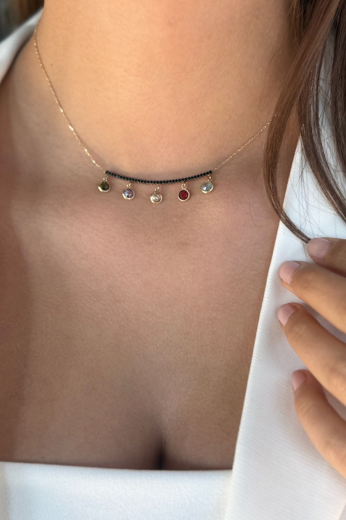 14 AYAR RENKLİ KRİSTAL TAŞLI ALTIN KOLYE