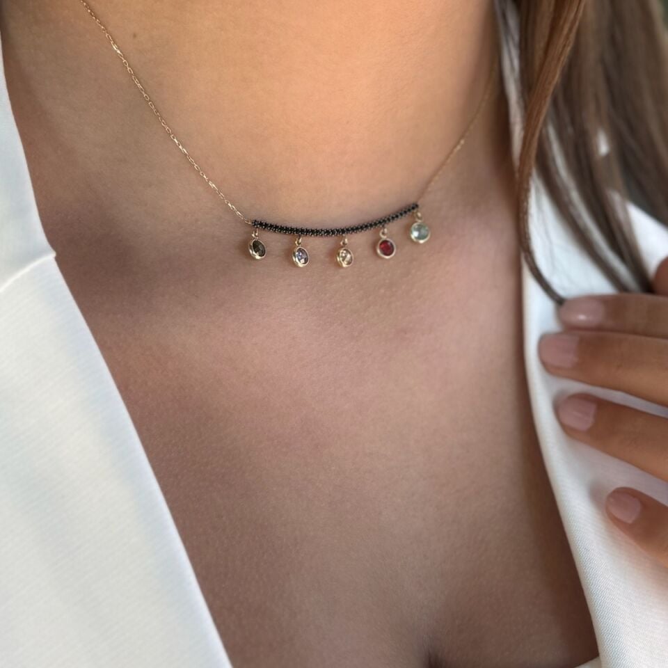 14 AYAR RENKLİ KRİSTAL TAŞLI ALTIN KOLYE