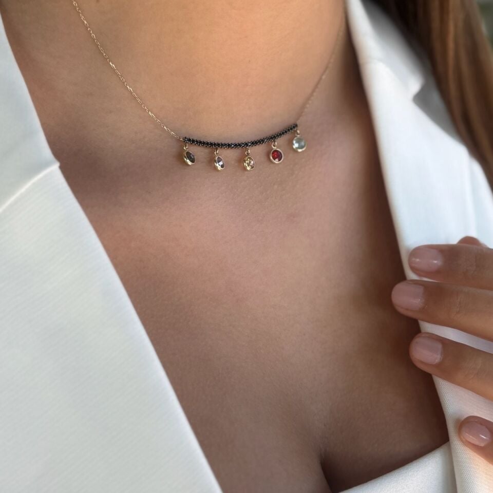 14 AYAR RENKLİ KRİSTAL TAŞLI ALTIN KOLYE