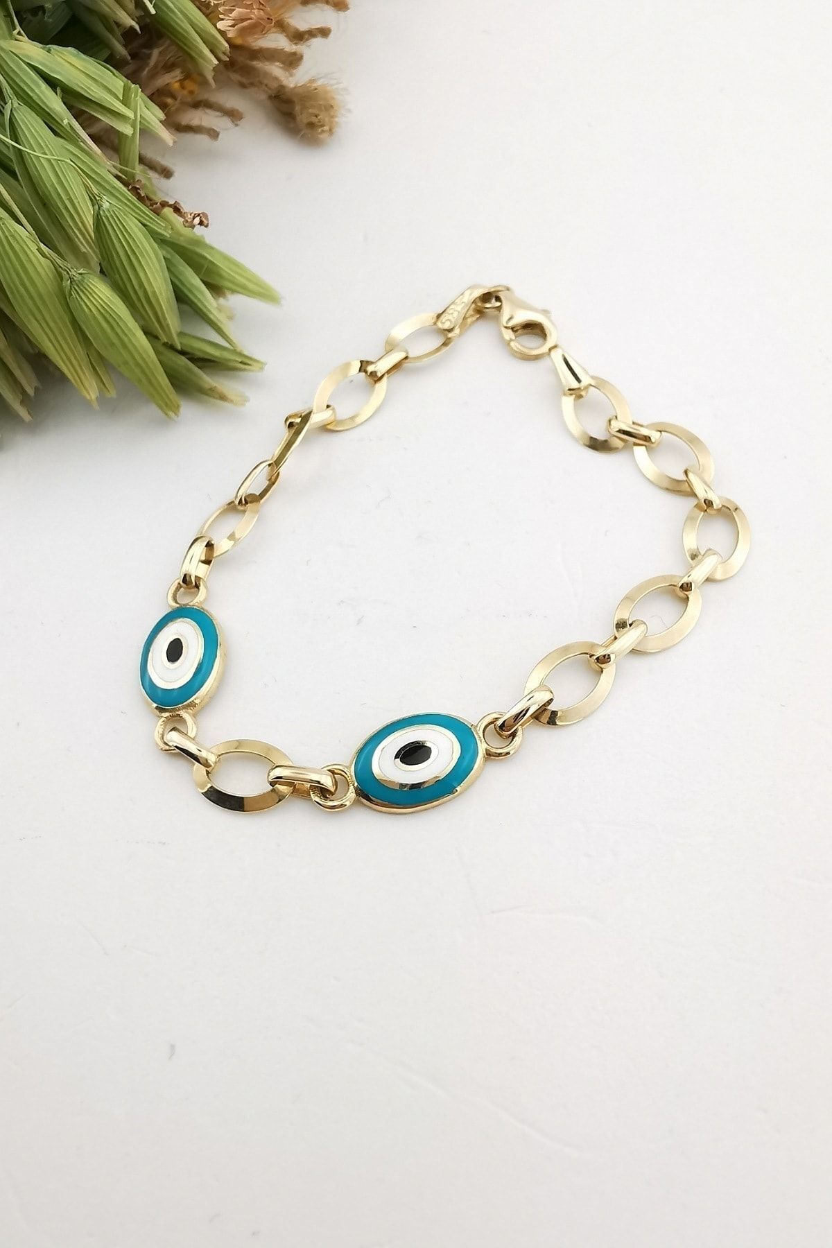 14 Ayar Nazar Mineli Altın Bileklik