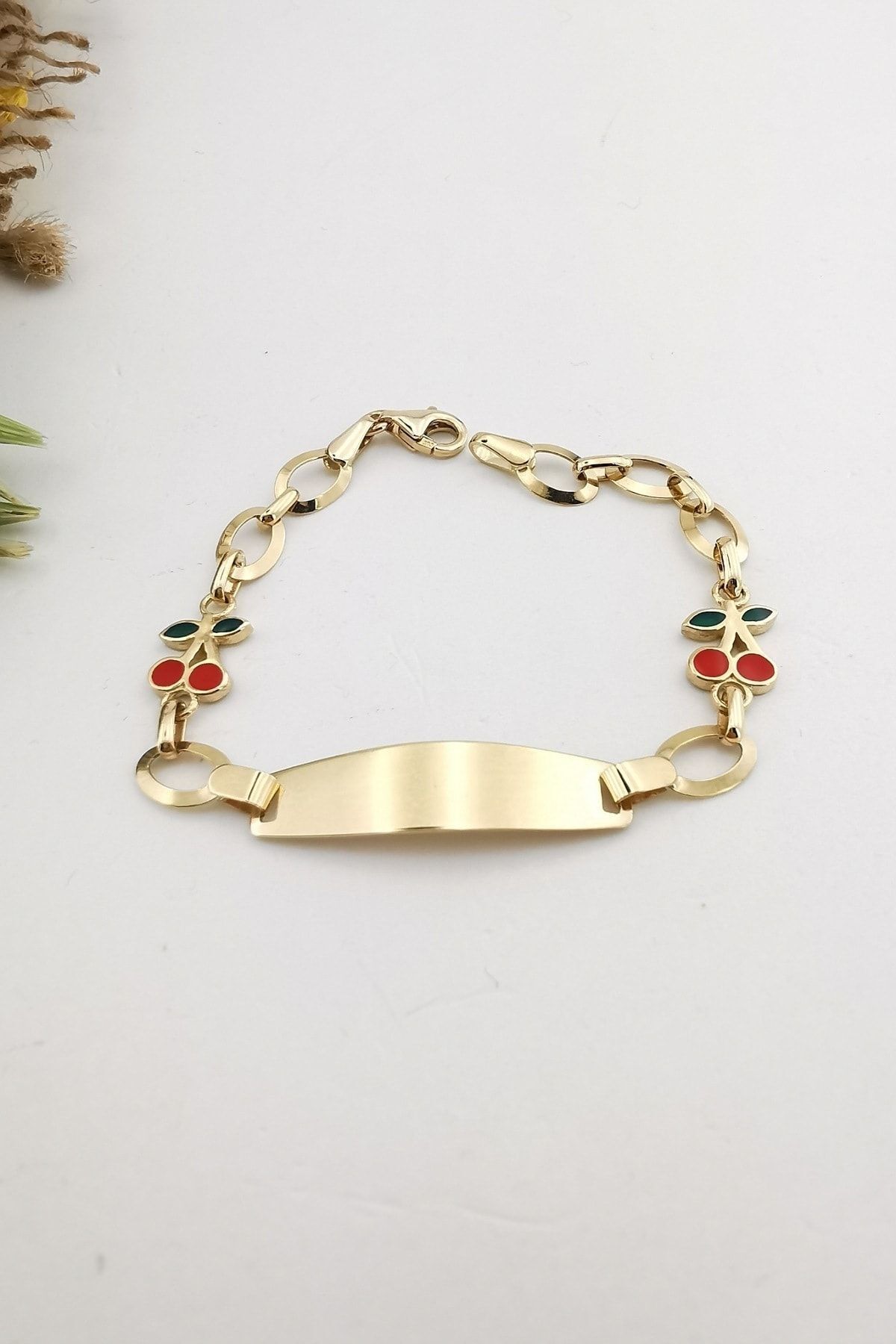 14 Ayar Kiraz Mineli Künye Altın Bileklik