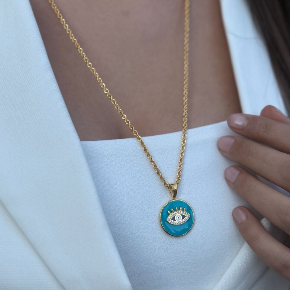 22 AYAR HALAT ZİNCİRLİ TURKUAZ MİNELİ YUVARLAK GÖZ KOLYE