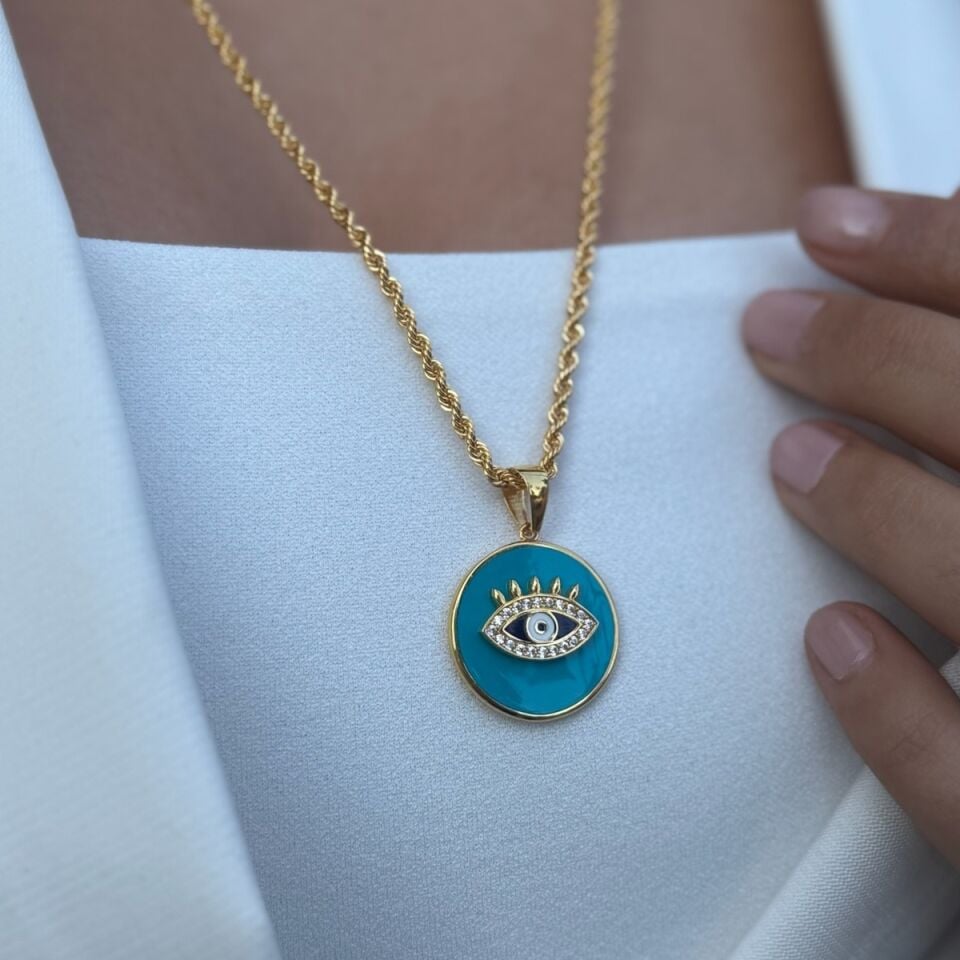 22 AYAR HALAT ZİNCİRLİ TURKUAZ MİNELİ YUVARLAK GÖZ KOLYE