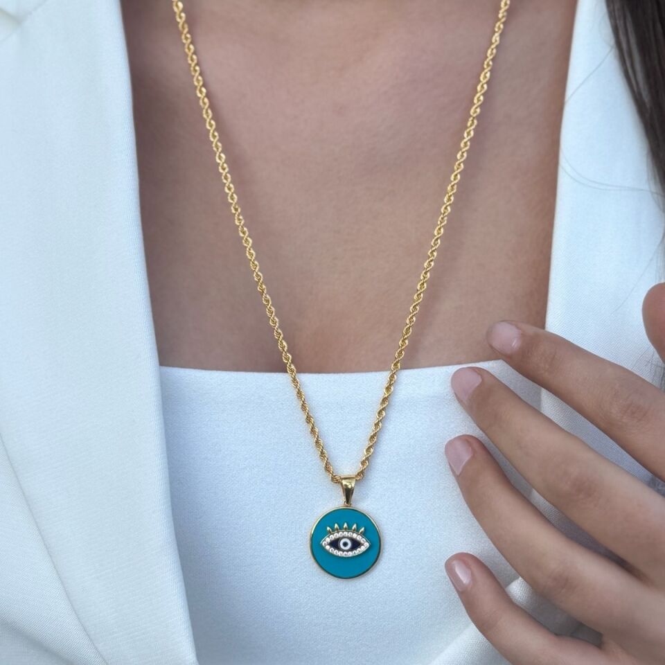 22 AYAR HALAT ZİNCİRLİ TURKUAZ MİNELİ YUVARLAK GÖZ KOLYE