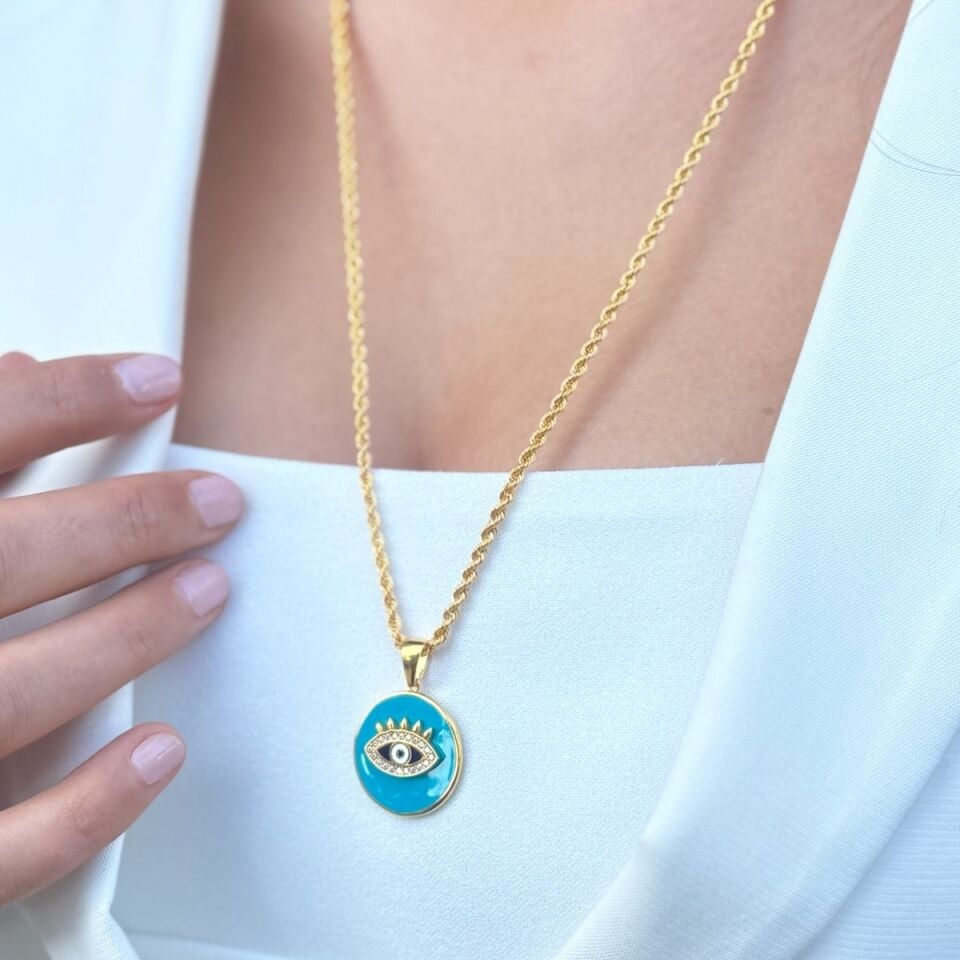 22 AYAR HALAT ZİNCİRLİ TURKUAZ MİNELİ YUVARLAK GÖZ KOLYE