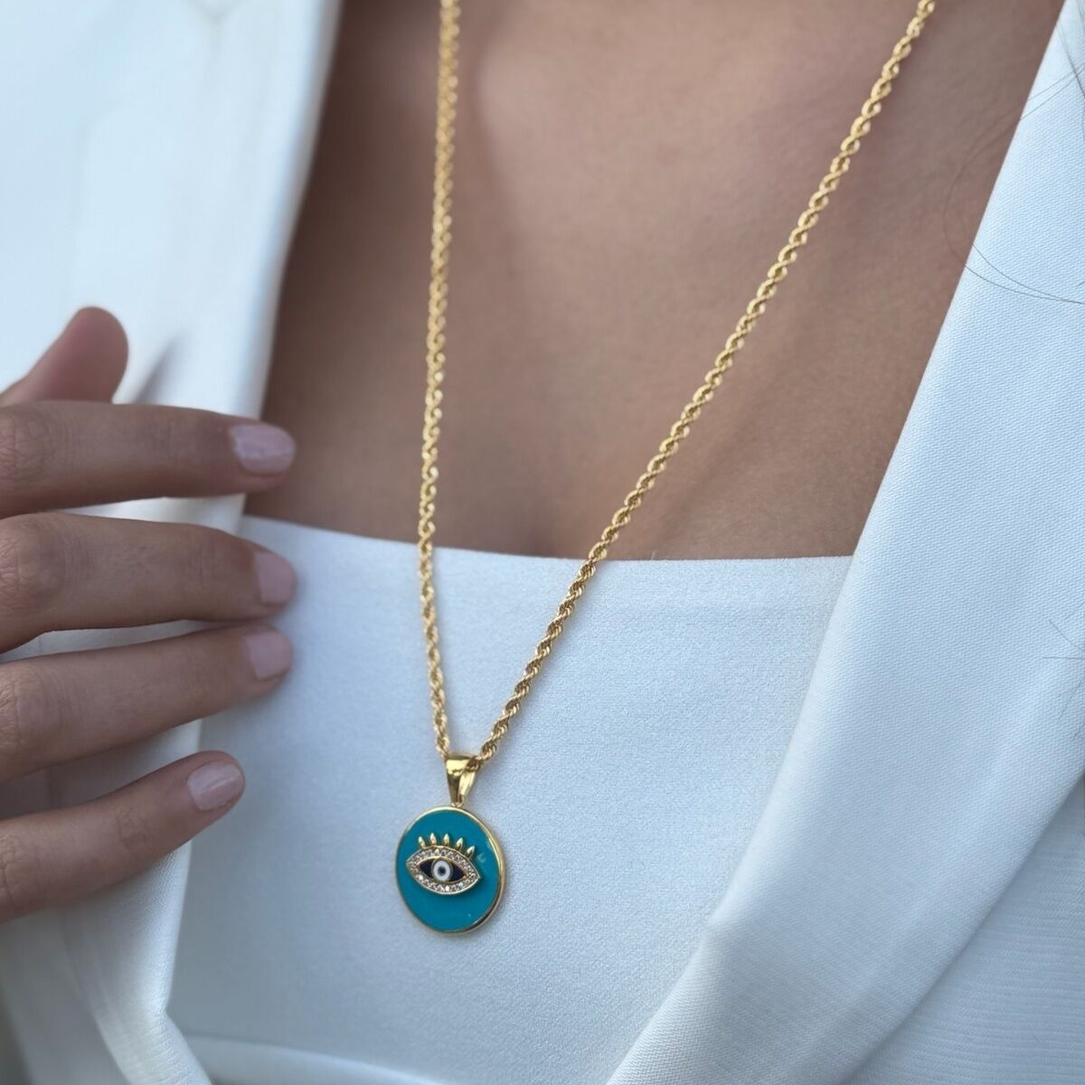 22 AYAR HALAT ZİNCİRLİ TURKUAZ MİNELİ YUVARLAK GÖZ KOLYE