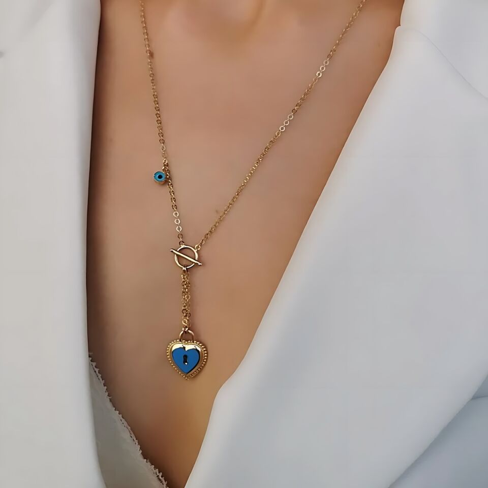 14 Ayar Mineli Altın Kilit Kalp Kolye